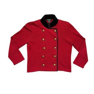 LAUREN RALPH LAUREN Red Knit Black Velvet Collar Double Breasted Jacket L